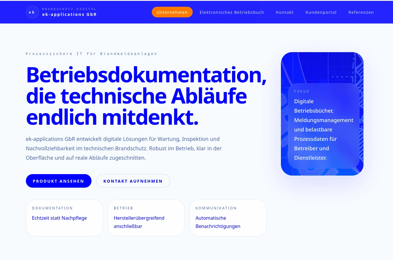 Webauftritt der ek-applications Produktplattform