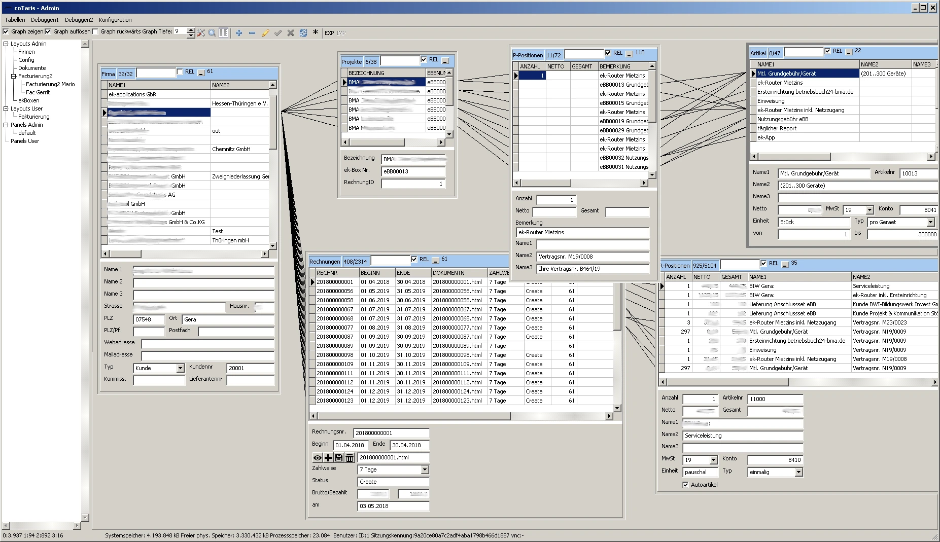 Anwendungsansicht des internen CRM- und Inventarsystems